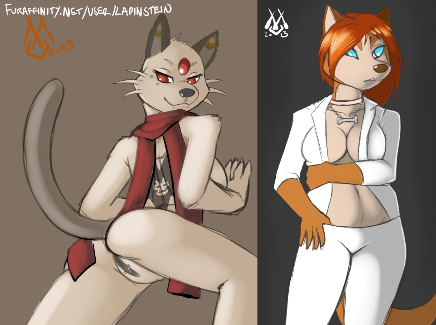 anthro anthrofied bedroom_eyes black_nose blue_eyes breasts brown_nose butt canid canine chin_piercing cleavage clothed clothing duo e621 facial_piercing felid female fur generation_1_pokemon genital_piercing genitals hair half-closed_eyes jewelry labia_piercing lapinstein lip_piercing looking_back mammal mostly_nude narrowed_eyes necklace nintendo orange_body orange_fur orange_hair persian_(pokemon) piercing pokemon pokemon_(species) pokemorph presenting presenting_hindquarters red_eyes scarf seductive smile standing vulva vulva_piercing