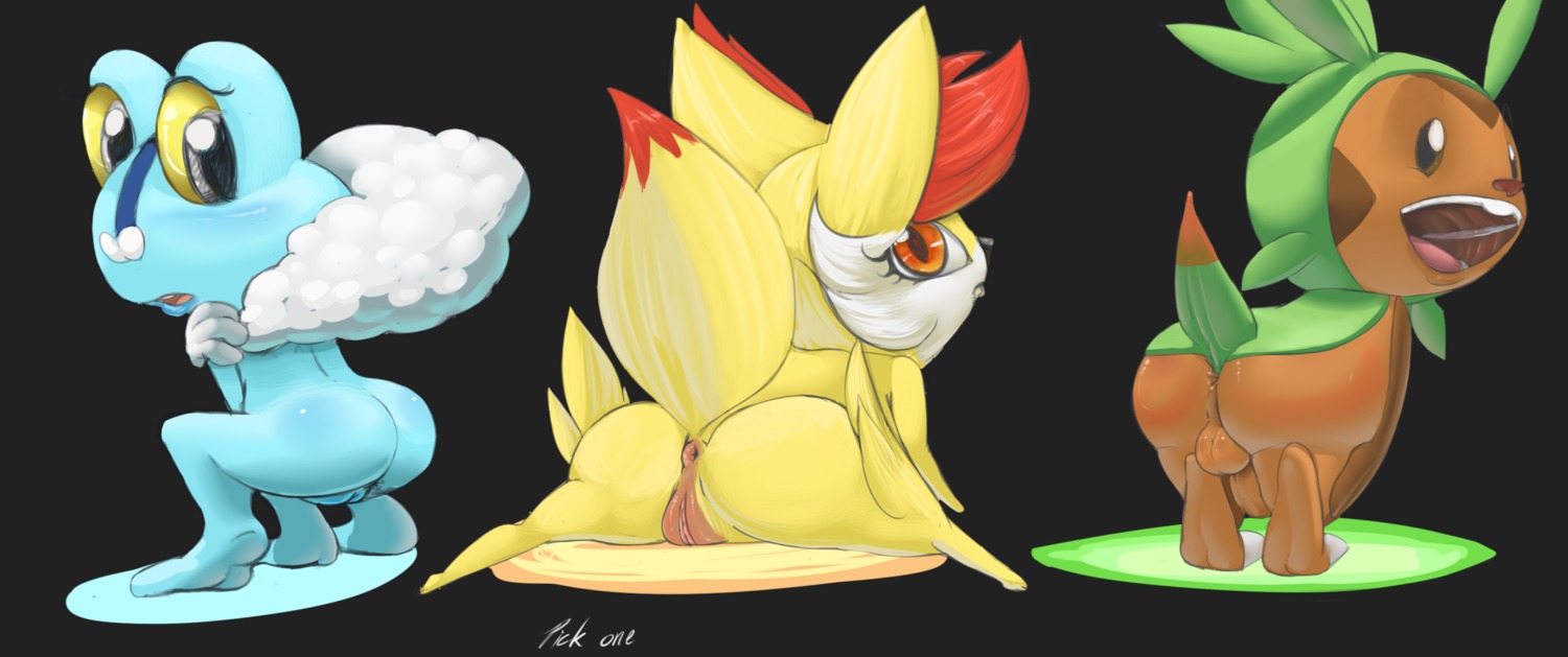 anus backsack balls butt canid canine chespin dipstick_tail e621 female fennekin feral froakie generation_6_pokemon genitals group hi_res innie_vulva looking_at_viewer looking_back male mammal markings nintendo nude open_mouth pdxyz penis plump_labia pokemon pokemon_(species) pose presenting presenting_hindquarters spread_legs spreading starter_trio tail tail_markings take_your_pick vulva