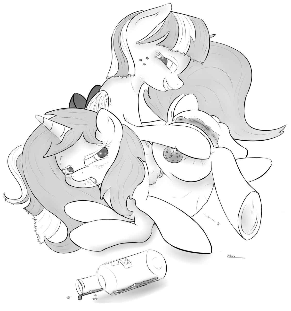 2012 absurd_res anus bloss blossomforth_(mlp) blush bottle container cookie_crumble cutie_mark duo e621 equid equine fan_character feathered_wings feathers female feral freckles friendship_is_magic genitals hair hasbro hi_res horn mammal monochrome multicolored_hair my_little_pony mythological_creature mythological_equine mythology pegasus quadruped simple_background spread_legs spreading tail teats two_tone_hair unicorn vulva white_background wings