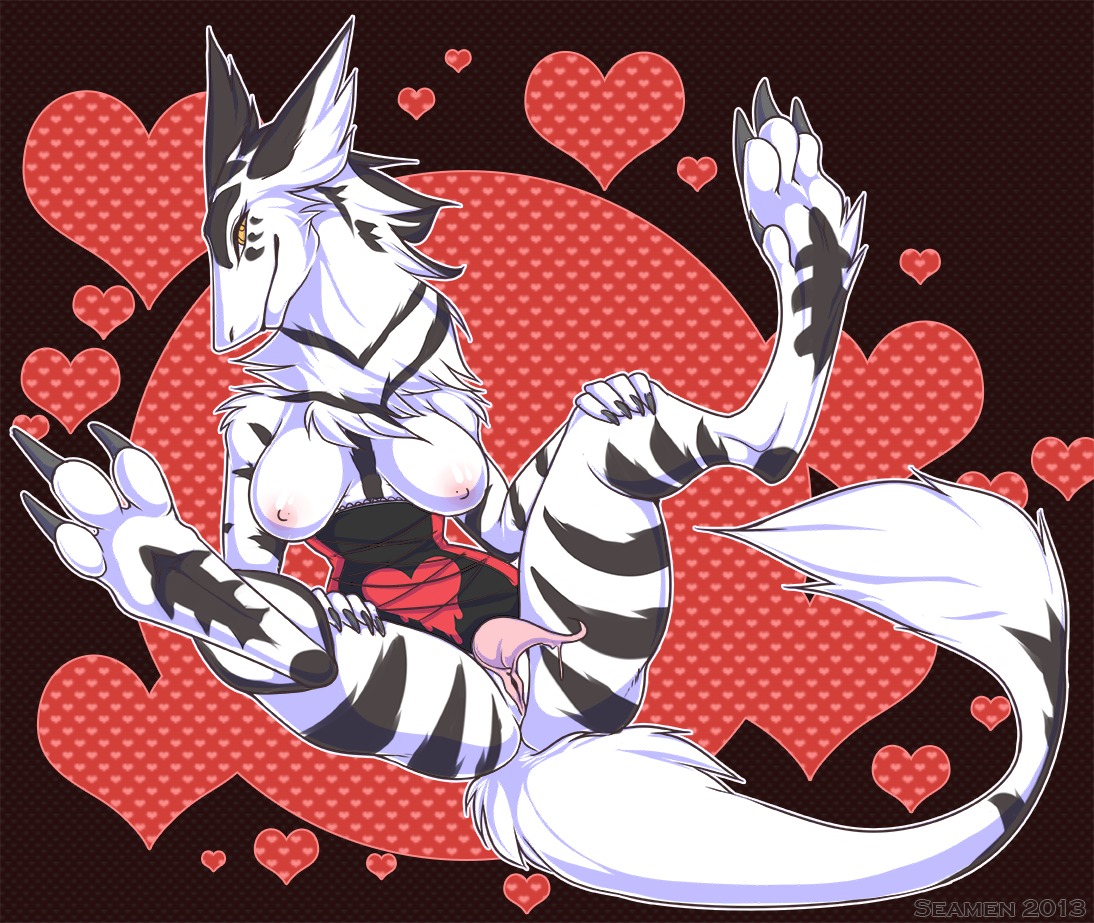 2013 anthro breasts byakurai_tora clitoral_hood clitoris clothing corset crossgender digital_media_(artwork) e621 female genitals heart_symbol lingerie looking_at_viewer mammal nipples prehensile_clitoral_hood presenting seamen sergal shaded solo spread_legs spreading tail topwear vulva