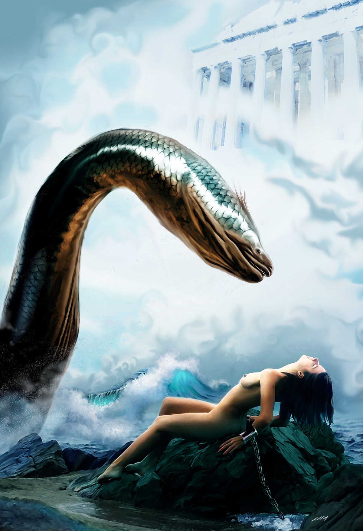 andromeda_(greek_mythology) axlsalles bondage cetus female greek_mythology monster mythology nude ocean painting_(artwork) realistic rule34