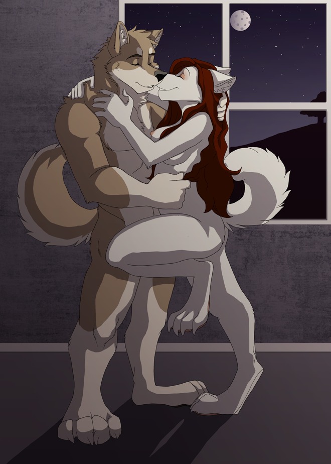 anthro anthro_on_anthro breasts canid canine canis digital_media_(artwork) domestic_dog duo e621 female husky jailbird jasanni kissing kobrin male mammal nipples nordic_sled_dog plantigrade romantic sex shaded spitz tail