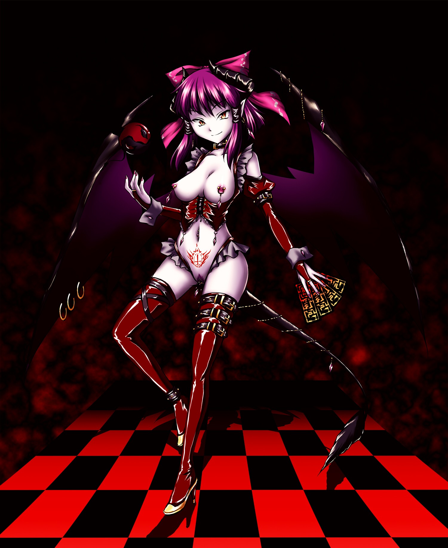 boots bow breasts censored clitoris clitoris_piercing corruption corset dark_persona demon demon_girl detached_sleeves elbow_gloves evil female female_only fingerless_gloves frills gloves hairbow high_heels highres horns lingerie nipple_piercing nipples panties piercing pubic_hair purple_hair pussy reimu_hakurei rule34 shoes solo tail thigh_boots thighhighs thong touhou underwear wings yellow_eyes yuzu_momo