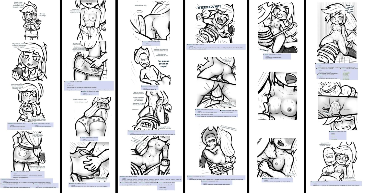absurd_res alternate_species apple applejack_(eg) bdsm blush bodily_fluids bondage bound breast_play breast_suck breasts butt clothing comic cowboy_hat cum cum_inside duo e621 english_text equestria_girls erection female food fruit genital_fluids genitals grandfathered_content hair hasbro hat headgear headwear hi_res hot_dogging human human_on_human humanized intraspecies male male/female mammal monochrome my_little_pony nipples not_furry nude orgasm panties penetration penis plant ponytail rope sex sucking text underwear undressing unknown_artist vaginal vaginal_penetration vulva