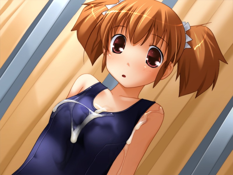 after_sex blue_swimsuit breasts brown_hair cum cum_on_arm cum_on_clothes cum_on_swimsuit curtains exposed_shoulders female game_cg hair_tie koyuki_(may_reason) looking_at_viewer may_reason mouth_open one-piece_swimsuit pochi_katou red_eyes rule34 school_swimsuit scrunchie short_twintails small_breasts soft_circle_courreges solo swimsuit tied_hair twintails wet_swimsuit white_hair_tie