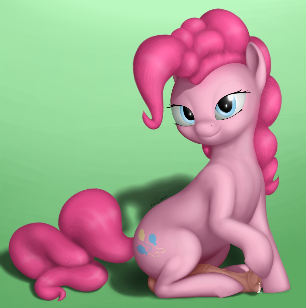 2013 absurd_res animal_genitalia animal_penis balls blue_eyes bodily_fluids cum cutie_mark e621 earth_pony equid equine equine_genitalia equine_penis erection feral friendship_is_magic fur genital_fluids genitals green_background gynomorph hair hasbro hi_res horse intersex looking_at_viewer mammal my_little_pony penis pink_body pink_fur pink_hair pinkie_pie_(mlp) pony precum simple_background solo vein zippysqrl