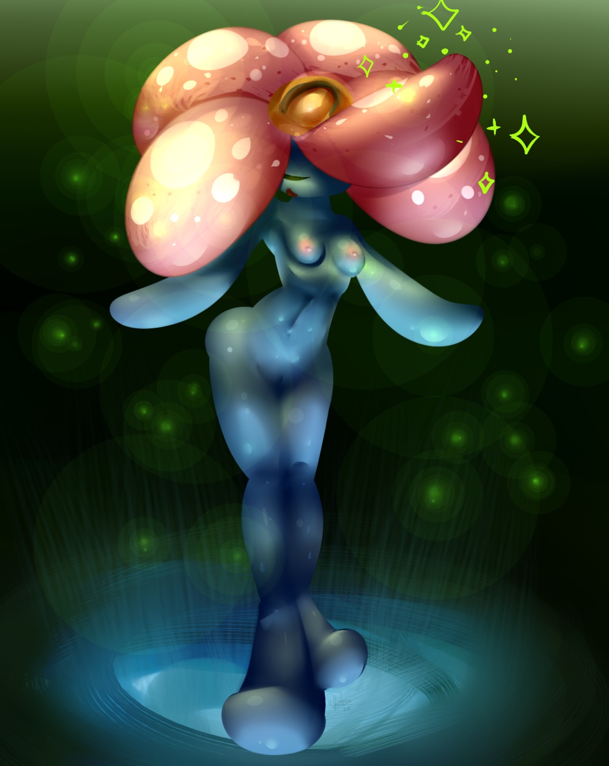 2013 anthro anthrofied biped bokeh breasts digital_media_(artwork) e621 elemental_creature elpatrixf eyes_closed female flora_fauna flower flower_creature generation_1_pokemon genitals glowing hair hair_over_eye hi_res leaf nintendo nipples non-mammal_breasts non-mammal_nipples one_eye_obstructed open_mouth plant pokemon pokemon_(species) pokemorph red_hair simple_background solo sparkles standing tongue vileplume vulva