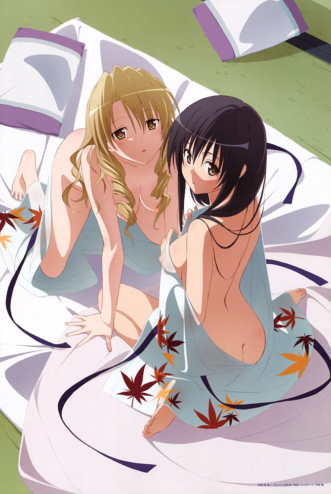 2girls ass bed_sheet bed_sheets bedroom_setting breasts feet female female_only kotegawa_yui medium_breasts multiple_females multiple_girls nipples oka_yuuichi rule34 tenjouin_saki to_love-ru toes uncensored