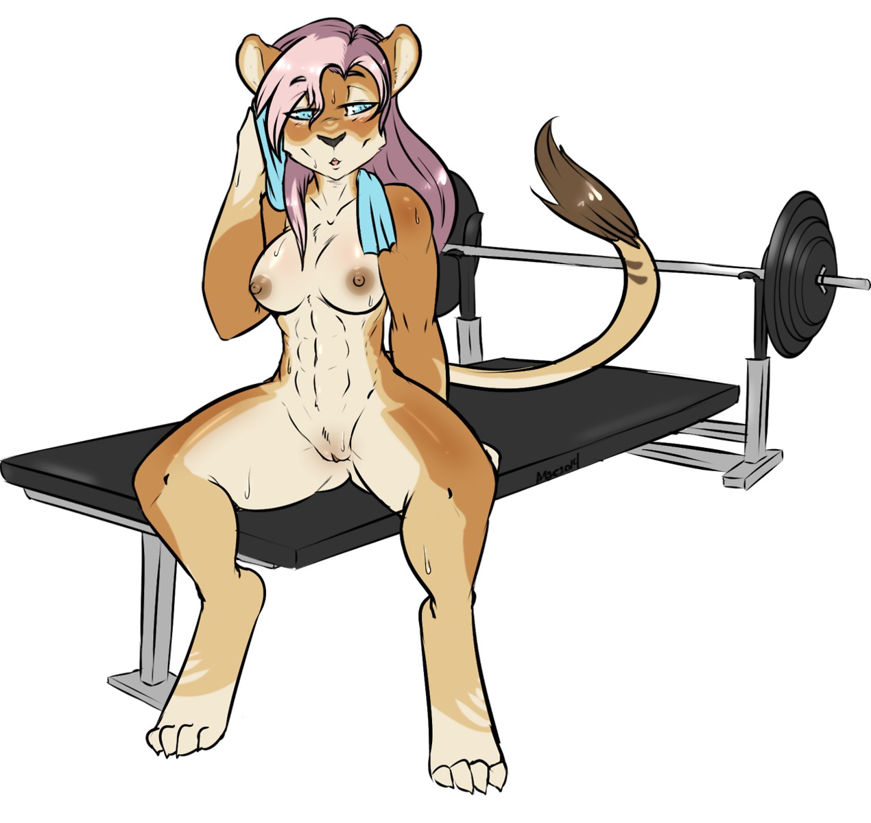 4_toes abs anthro areola avante92 blue_eyes bodily_fluids breasts claws e621 feet felid female fur genitals hair hi_res lion long_hair mammal muscular muscular_anthro muscular_female navel nipples nude pantherine solo spread_legs spreading sweat teal_eyes toes towel towel_around_neck vulva weight_bench weights