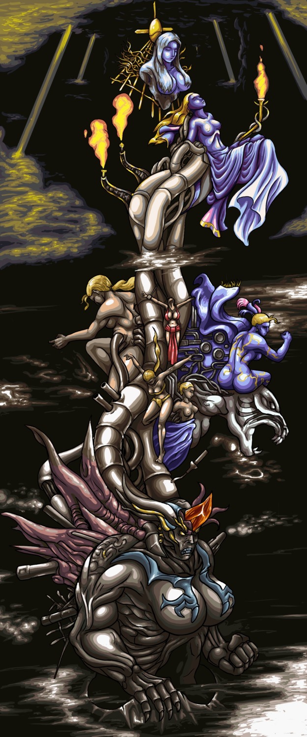 8girls areolae breasts cleavage face female final_fantasy final_fantasy_vi huge_breasts long_arms magic monument_to_nonexistence multiple_females multiple_girls nipples oniontrain rule34 rule_63 sky sleep tiger tools