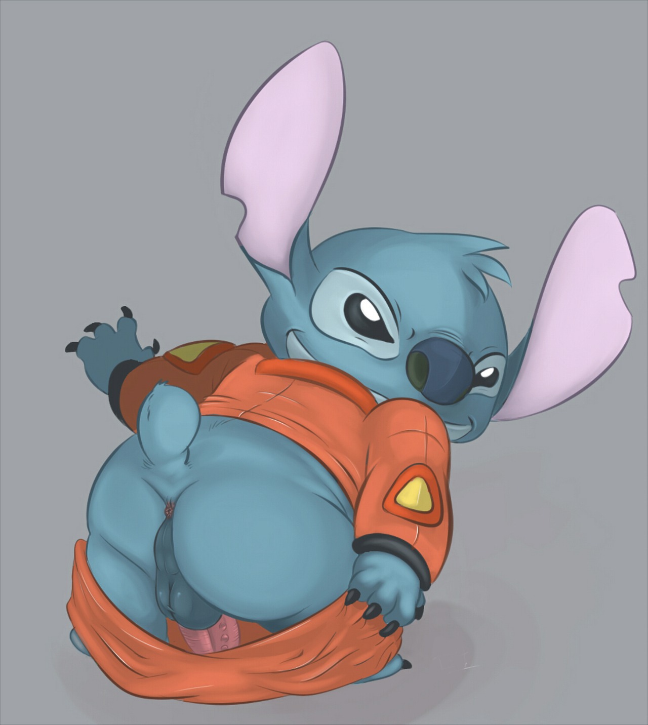 4_fingers alien anus backsack balls black_claws black_eyes blue_body blue_nose butt claws clothing disney e621 erection experiment_(lilo_and_stitch) fingers genitals grey_background head_tuft hi_res lilo_and_stitch looking_at_viewer looking_back male mooning narrowed_eyes notched_ear penis presenting presenting_hindquarters simple_background small_tail smile solo spacesuit squint stitch_(lilo_and_stitch) tail tenderule34 toe_claws tuft