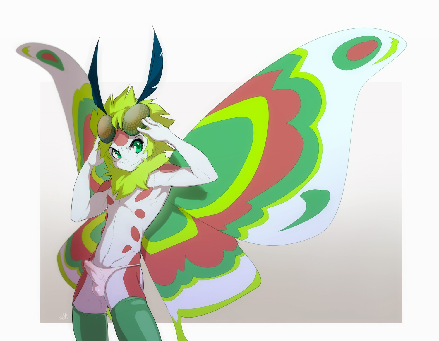 antennae_(anatomy) anthro arthropod bulge clothed clothing compound_eyes e621 erection erection_under_clothing erection_under_underwear eyewear genitals goggles green_eyes insect insect_wings legwear lepidopteran male moth penis peritian shota solo stockings tenting thong topless underwear wings young zila
