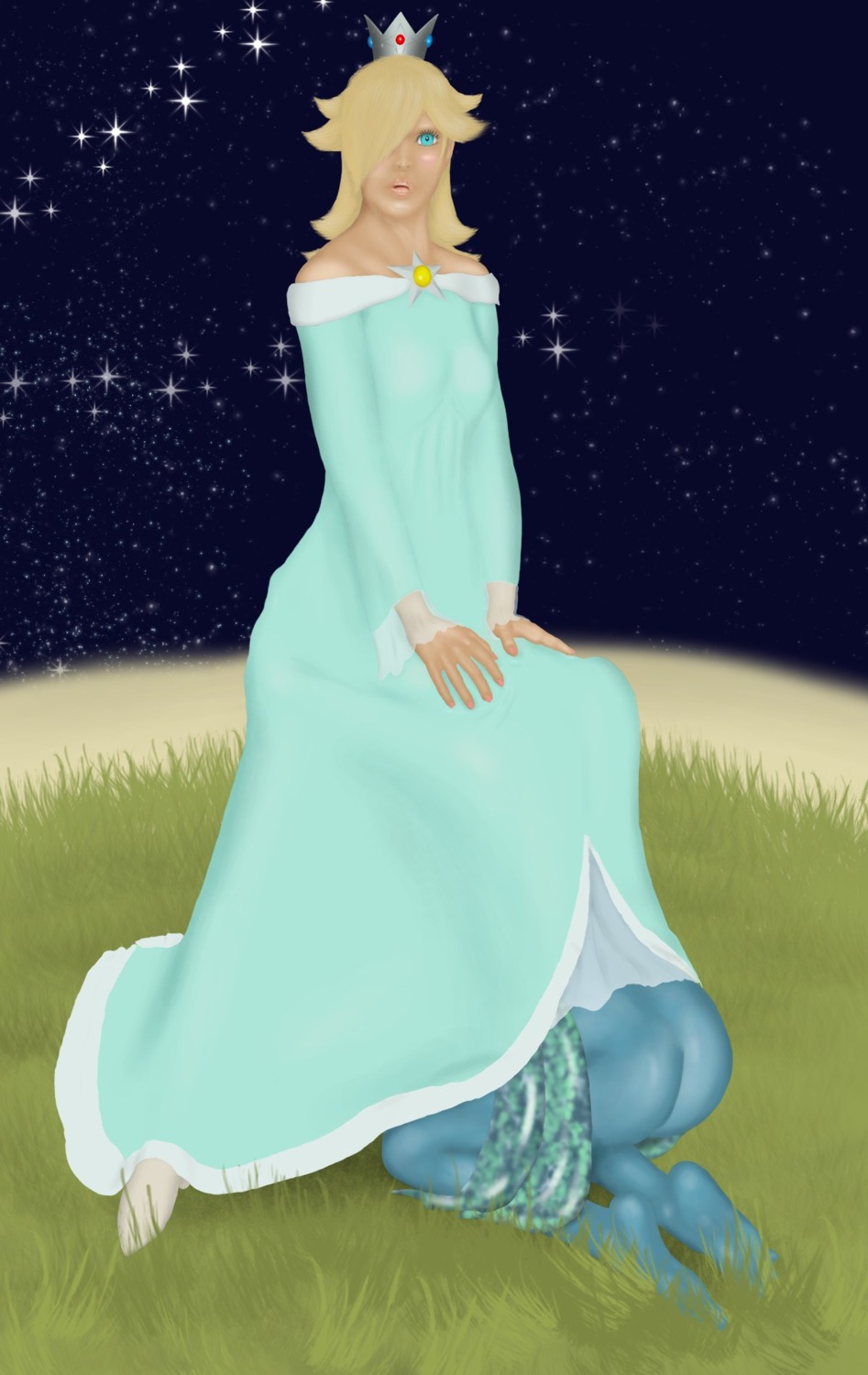 2girls blue_dress blue_skin crossover dress female female_only fin fish_girl human jpg mario_(series) multi_eye multiple_females multiple_girls nintendo ocarina_of_time princess_rosalina princess_ruto randomaustralian rule34 super_mario_galaxy the_legend_of_zelda yuri zora