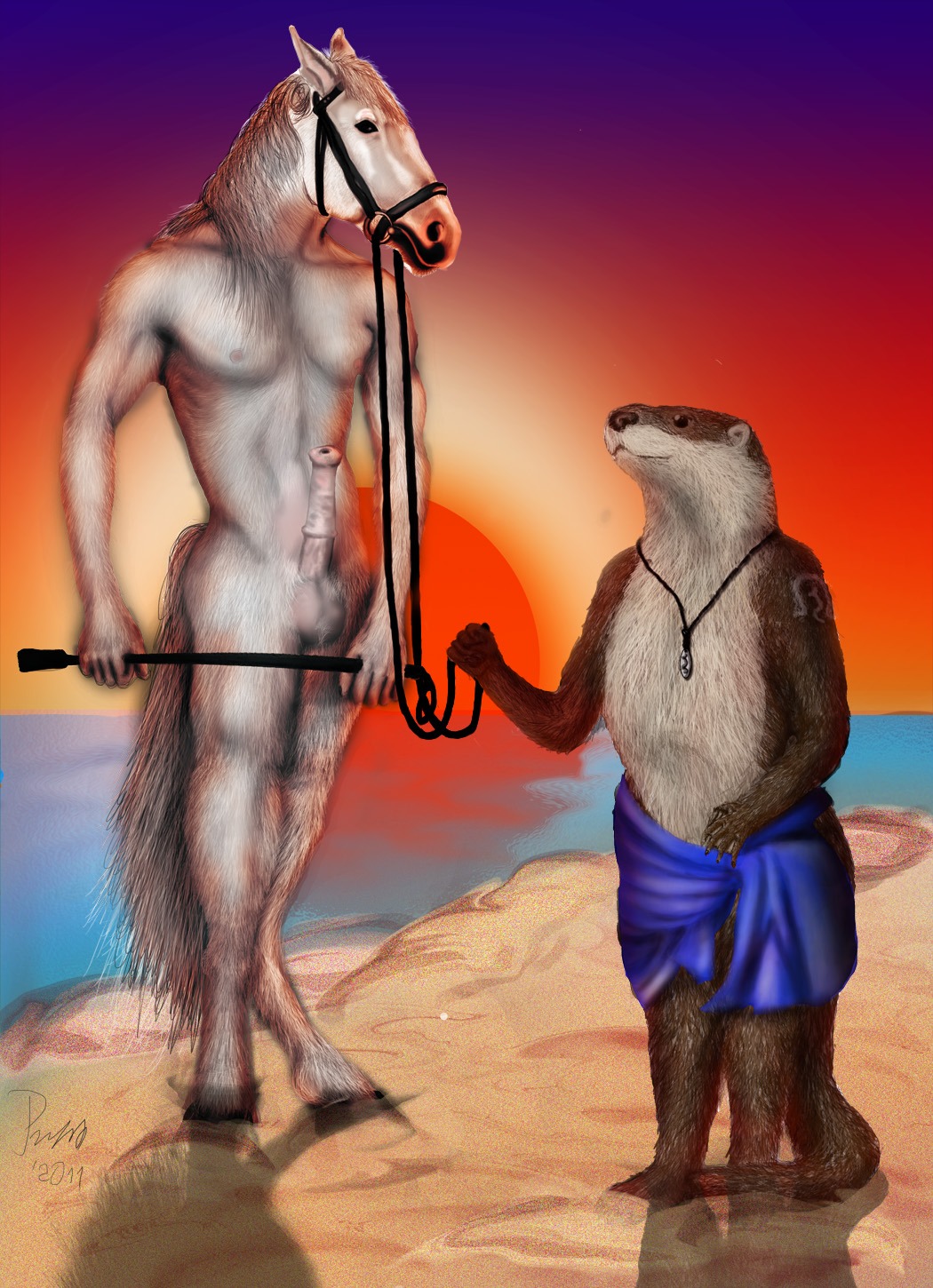 anthro bdsm beach bondage bound detailed_background dominant dominant_male duo e621 equid equine erection foxia genitals hi_res horse light_bondage male male/male mammal mustelid otter outside penis sand seaside submissive submissive_male sunset tail water