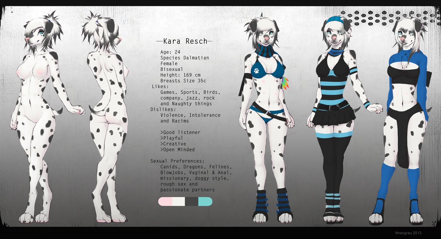 2013 anthro black_body black_fur blue_eyes breasts butt canid canine canis clothed clothing color_swatch dalmatian domestic_dog e621 english_text female floppy_ears fur genitals hair hair_over_eye hi_res kara_resch mammal model_sheet multi_nipple nipples nnecgrau nude one_eye_obstructed pink_nose shaded short_hair short_tail simple_background smile soft_shading solo tail text vulva white_body white_fur white_hair