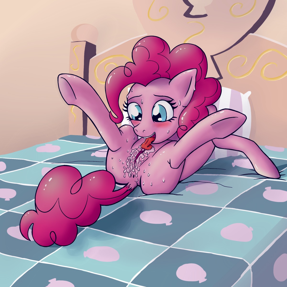 1:1 anus autocunnilingus balloon balloon_print bed bedding blush bodily_fluids bottomless clitoris clothed clothing cum e621 earth_pony equid equine female feral flexible friendship_is_magic fur furniture genital_fluids genitals hasbro hi_res horse inflatable licking mammal masturbation my_little_pony on_bed open_mouth oral oral_masturbation pattern_bedding pink_body pink_fur pinkie_pie_(mlp) pony print_bedding reclining solo sweat tail tongue tongue_out unknown_artist vaginal vaginal_fluids vaginal_masturbation vulva
