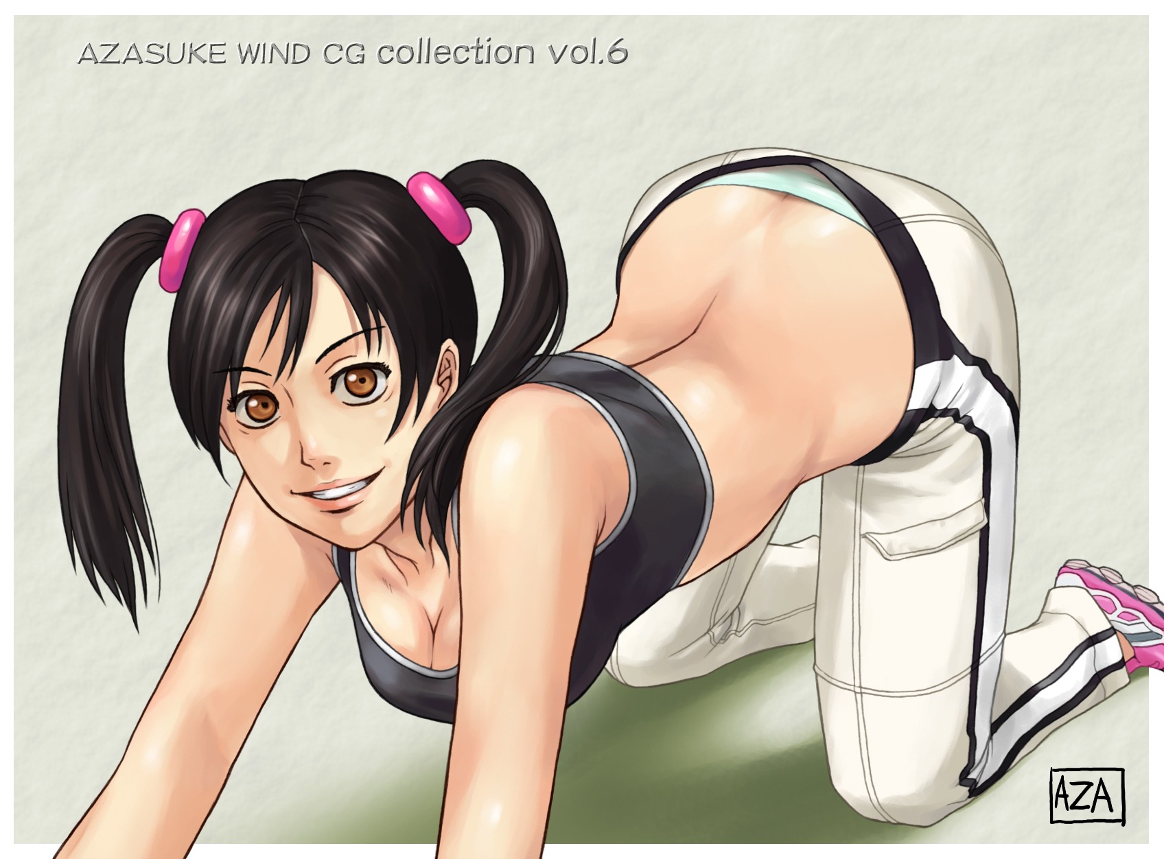 all_fours azasuke clothed female female_only highres ling_xiaoyu namco rule34 solo solo_female sports_bra sportswear tekken tied_hair twintails