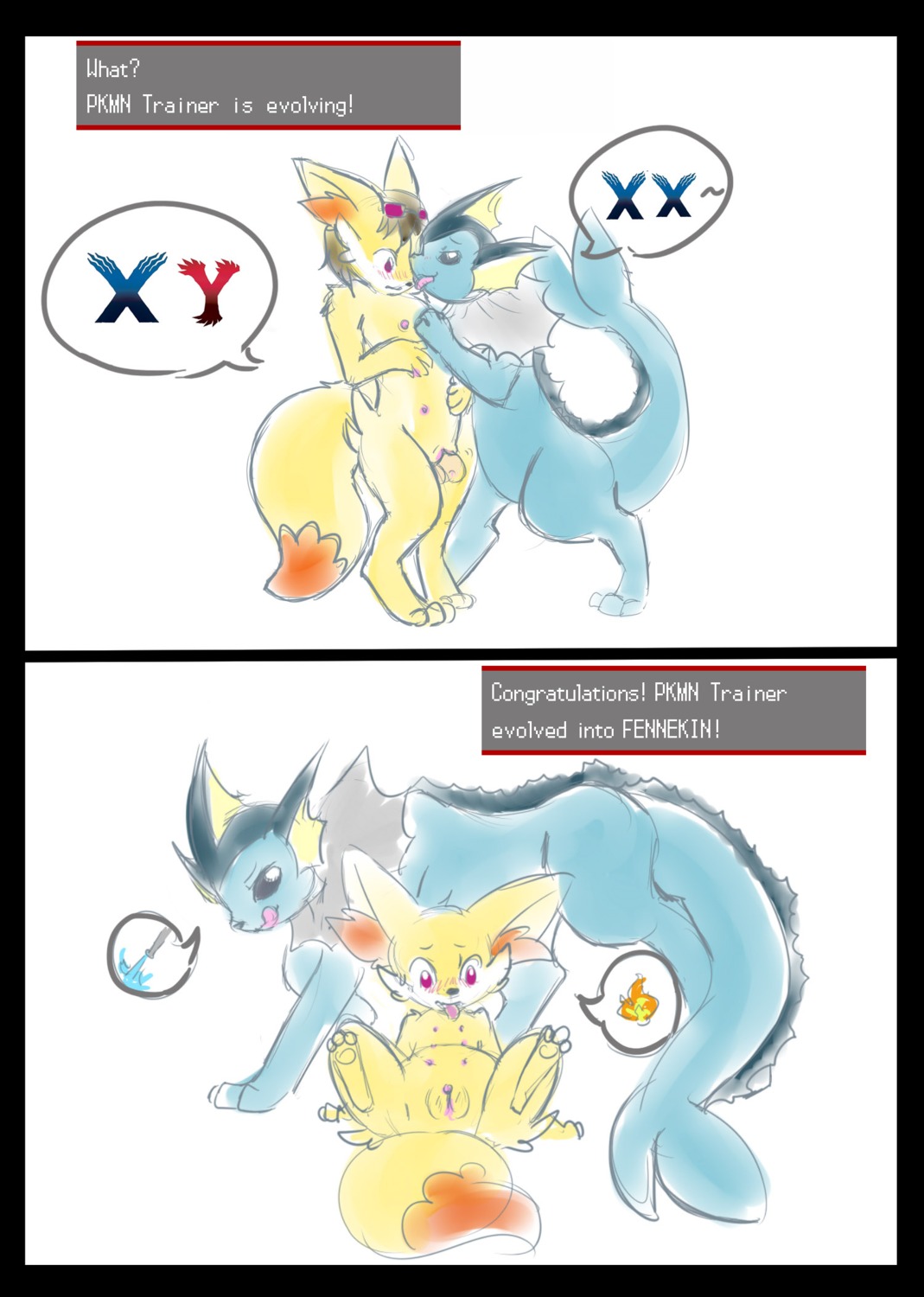 black_border blue_eyes blush border butt canid canine comic concern confusion duo e621 eeveelution english_text eyewear female fennekin feral fur gender_transformation generation_1_pokemon generation_6_pokemon genitals genitals_shrinking glasses hatiimiga hi_res in_heat jaki-kun_(character) licking long_ears looking_down looking_up lying male male/female mammal mtf_transformation multi_nipple nintendo nipples nude on_back open_mouth paws penis penis_shrinking pokemon pokemon_(species) purple_eyes spread_legs spreading tail teats text tongue tongue_out transformation vaporeon vulva wide_eyed worried