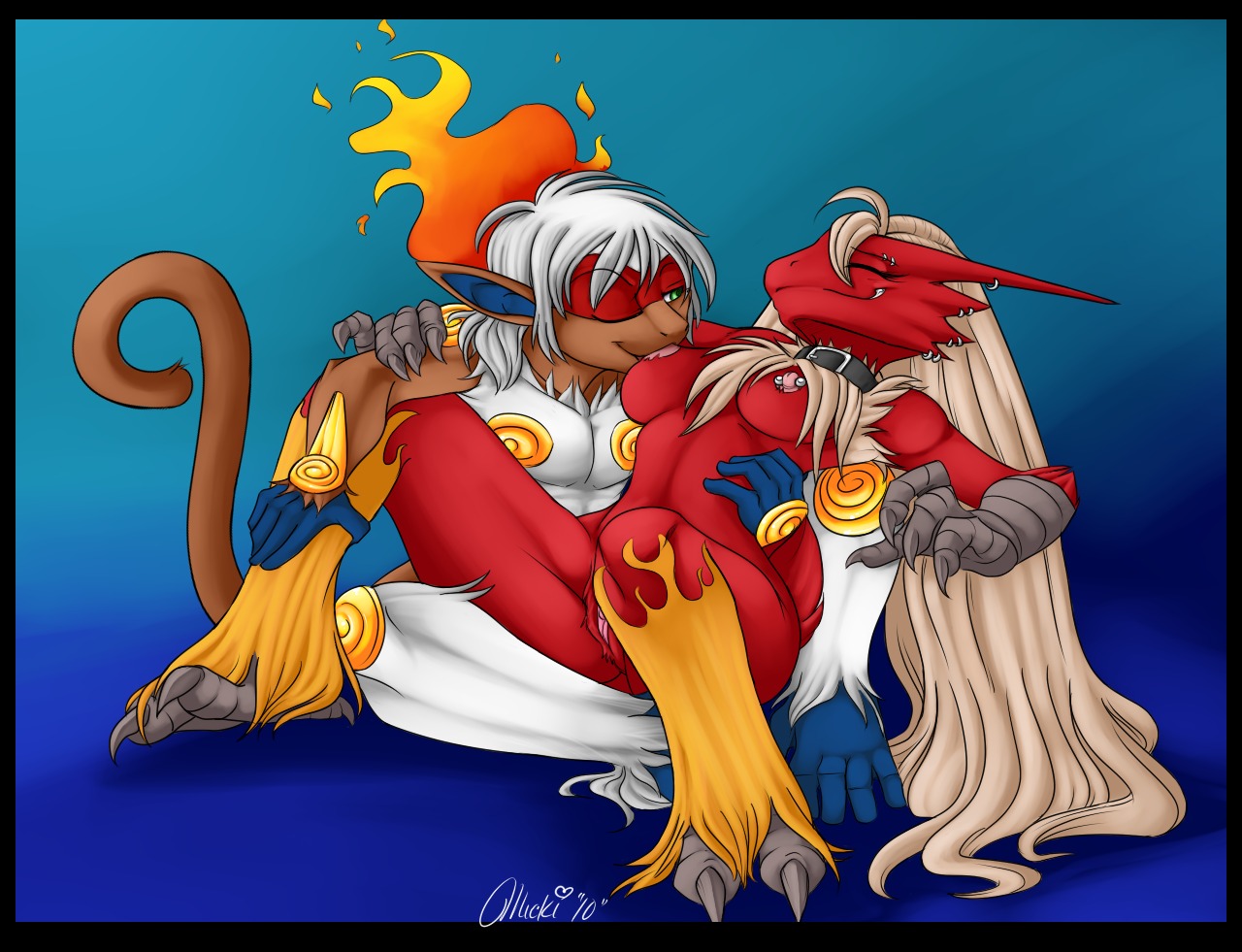 2010 anthro anthro_on_anthro anthrofied avian bird black_border blaziken border breast_play breast_suck breasts duo e621 female fire generation_3_pokemon generation_4_pokemon genitals infernape interspecies male male/female micki nintendo nipple_piercing nipples non-mammal_breasts non-mammal_nipples nude piercing pokemon pokemon_(species) pokemorph romantic romantic_couple simple_background sucking tail vulva
