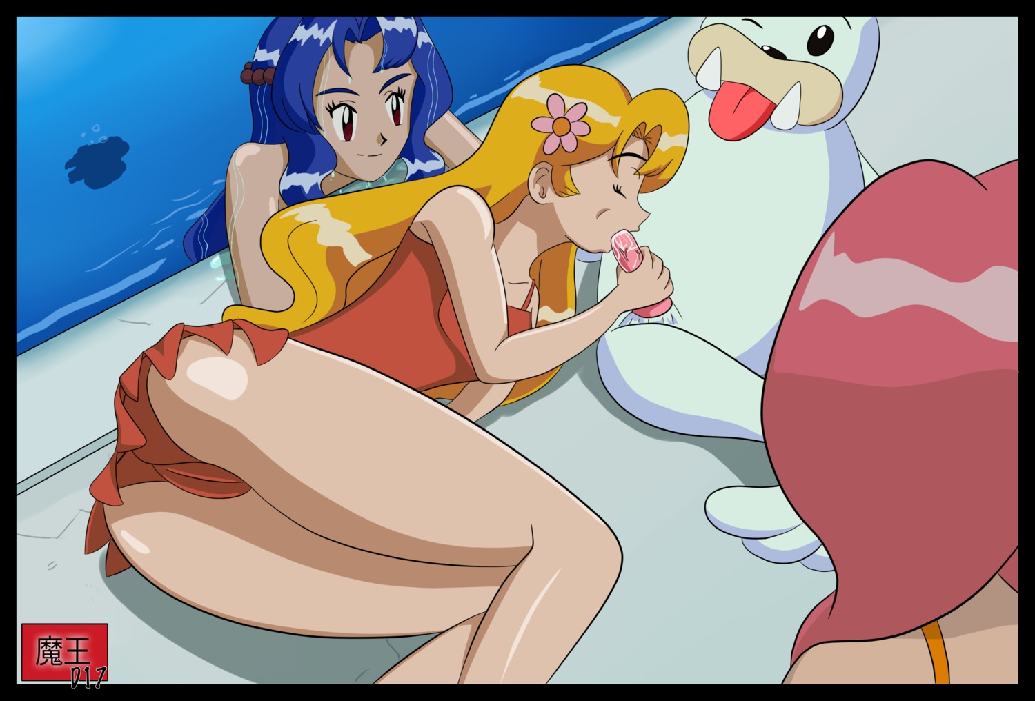 1boy 3girls daisy_(pokemon) demonkingd17 fellatio female human lily_(pokemon) male oral pokemon pokemon_(anime) pokephilia rule34 seel violet_(pokemon)