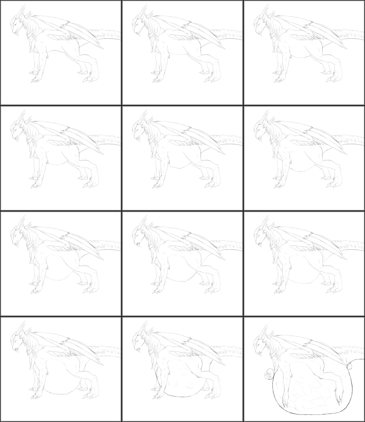 abdominal_bulge absurd_res barely_visible_genitalia barely_visible_vulva black_and_white bodily_fluids breath claws collar digitigrade dragon e621 egg expansion feathered_wings feathers female feral genital_fluids genitals hi_res horn jerbie leeveth line_art mane monochrome multiple_images mythological_creature mythological_scalie mythology open_mouth oviposition panting quadruped scalie sequence side_view solo tail tongue tongue_out vaginal_fluids vulva wings
