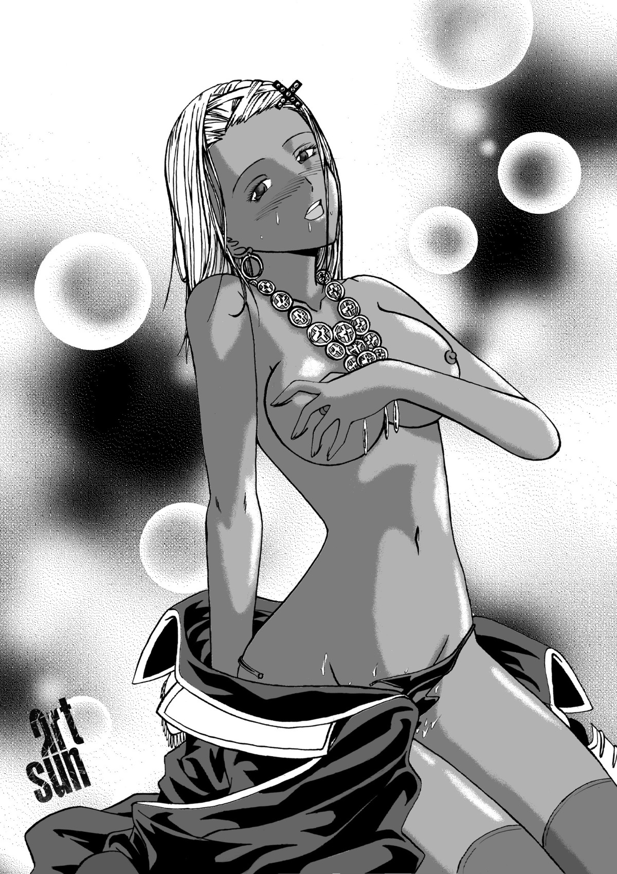 1girls black_legwear black_thighhighs blush breasts dark_skin female female_only high_resolution monochrome nipples panties rosario+vampire rule34 shuzen_gyokuro solo sweat thighhighs underwear vampire