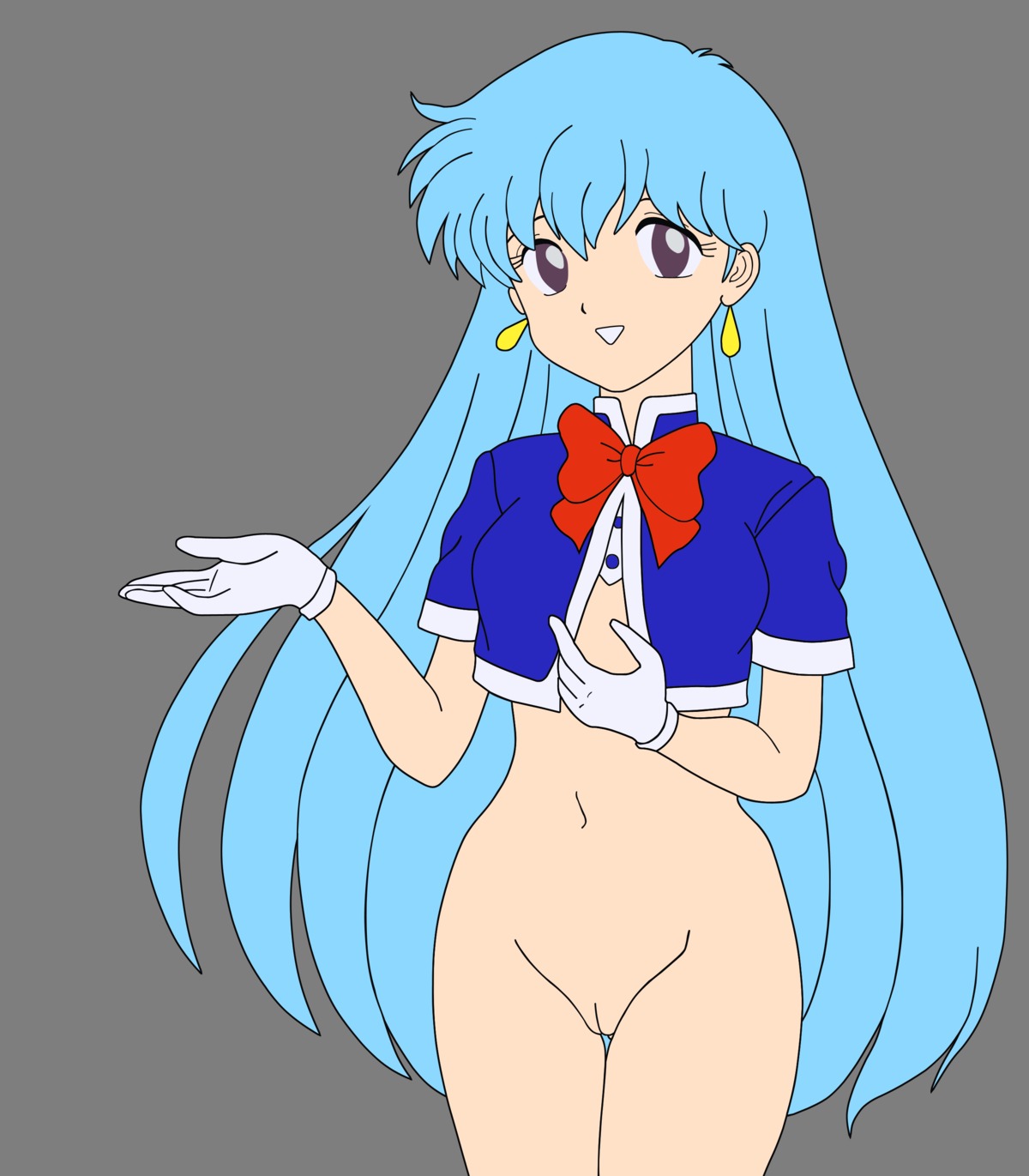 1girls aqua_hair bottomless breasts busakumas earrings female female_only flat_colors gloves high_resolution jewelry long_hair photoshop purple_eyes pussy rule34 smile solo stewardess tenjouin_katsura yat_anshin_uchuu_ryokou