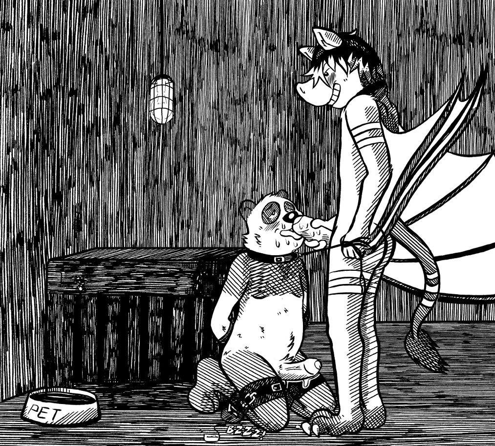 anal anal_penetration anthro bat bdsm bear black_and_white bodily_fluids bondage bound bowl butt cage collar container dominant dominant_male dripping dungeon duo e621 erection foreskin genital_fluids genitals giant_panda hair hands_behind_back hatching_(art) hottapwater humanoid_genitalia humanoid_penis interspecies kneeling leash licking line_art male male/male male_penetrated male_penetrating male_penetrating_male mammal master membrane_(anatomy) membranous_wings monochrome musk nude oral penetration penile penis penis_lick pet_bowl petplay precum prisoner roleplay sex sex_toy shaded submissive submissive_male sweat tail teeth theglowingbat tongue tongue_out vibrator winged_arms wings