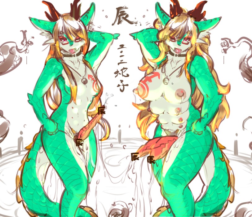 2_penises 6_breasts 8_breasts animal_genitalia animal_penis anthro asian_mythology blonde_hair bodily_fluids breast_size_difference breasts canid canine censored cum dragon duo e621 east_asian_mythology eastern_dragon erection genital_fluids genitals green_body green_scales hair hand_on_head hand_on_hip hebiko hemipenes herm horn hybrid intersex jewelry lactating long_hair mammal markings multi_breast multi_genitalia multi_nipple multi_penis mythological_creature mythological_scalie mythology necklace nipples open_mouth penis red_eyes sackless saliva sasamix scales scalie supernumerary_breasts supernumerary_nipples tail
