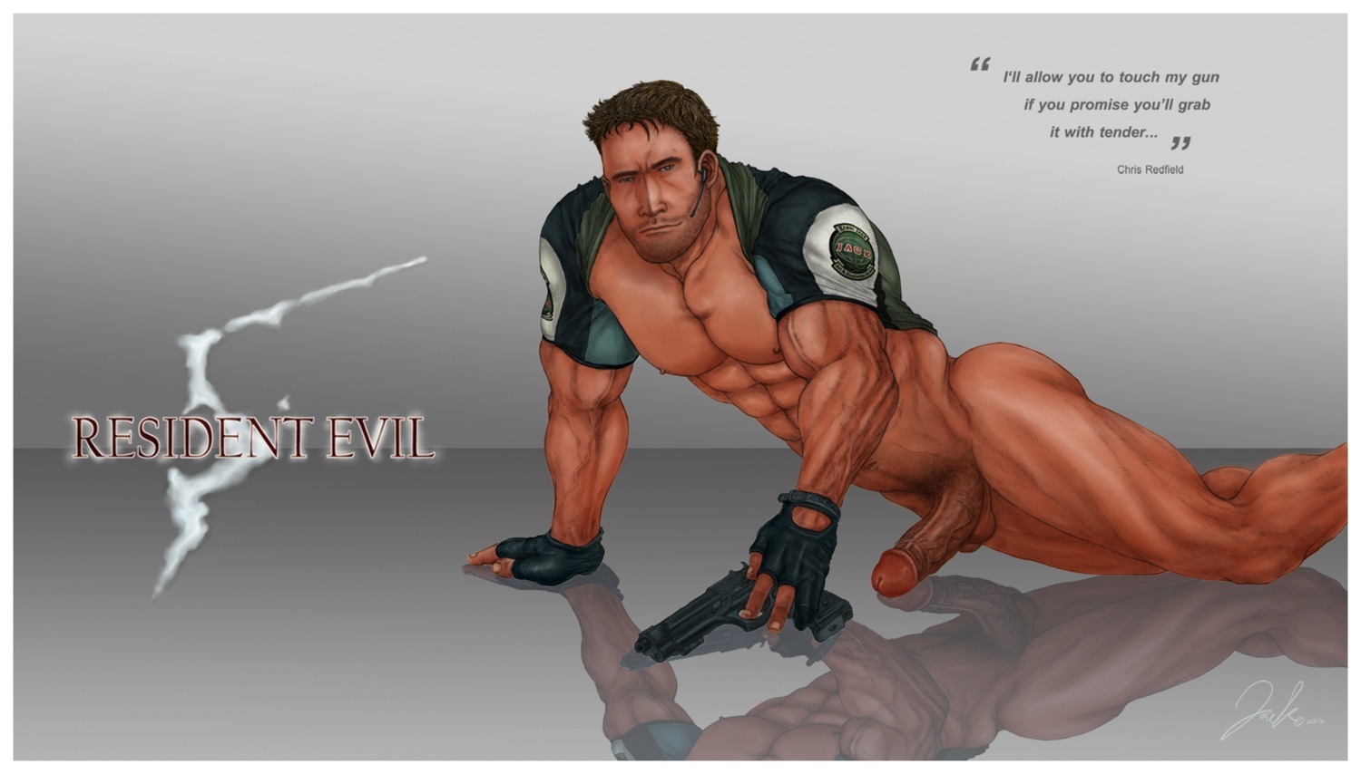 1boy bara bottomless chris_redfield erection human male male_only muscles resident_evil rule34 shirt_pulled_behind_neck solo tagme veiny_arms yaoi