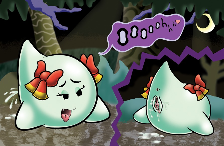 bodily_fluids boo_(mario) e621 female genital_fluids genitals ghost lady_bow mario_bros nintendo not_furry paper_mario ribbons solo spirit undead unknown_artist vaginal_fluids vulva