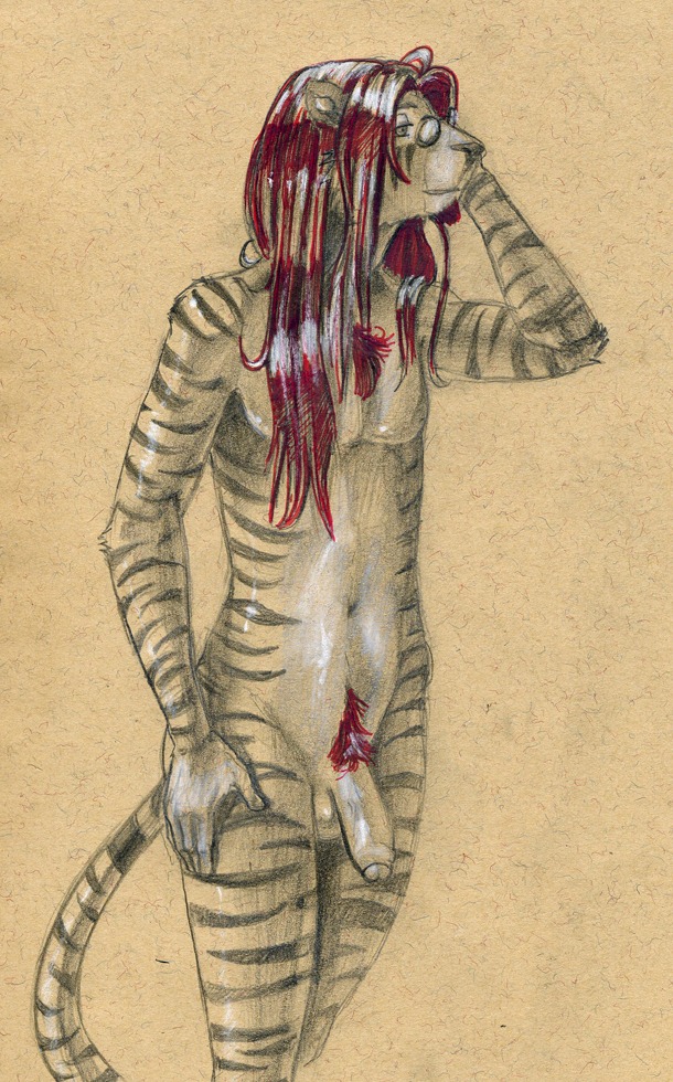 anthro balls e621 eyewear felid flaccid foreskin genitals humanoid_genitalia humanoid_penis male mammal nude pantherine partially_retracted_foreskin penis solo stripes tail tiger tush_(artist)