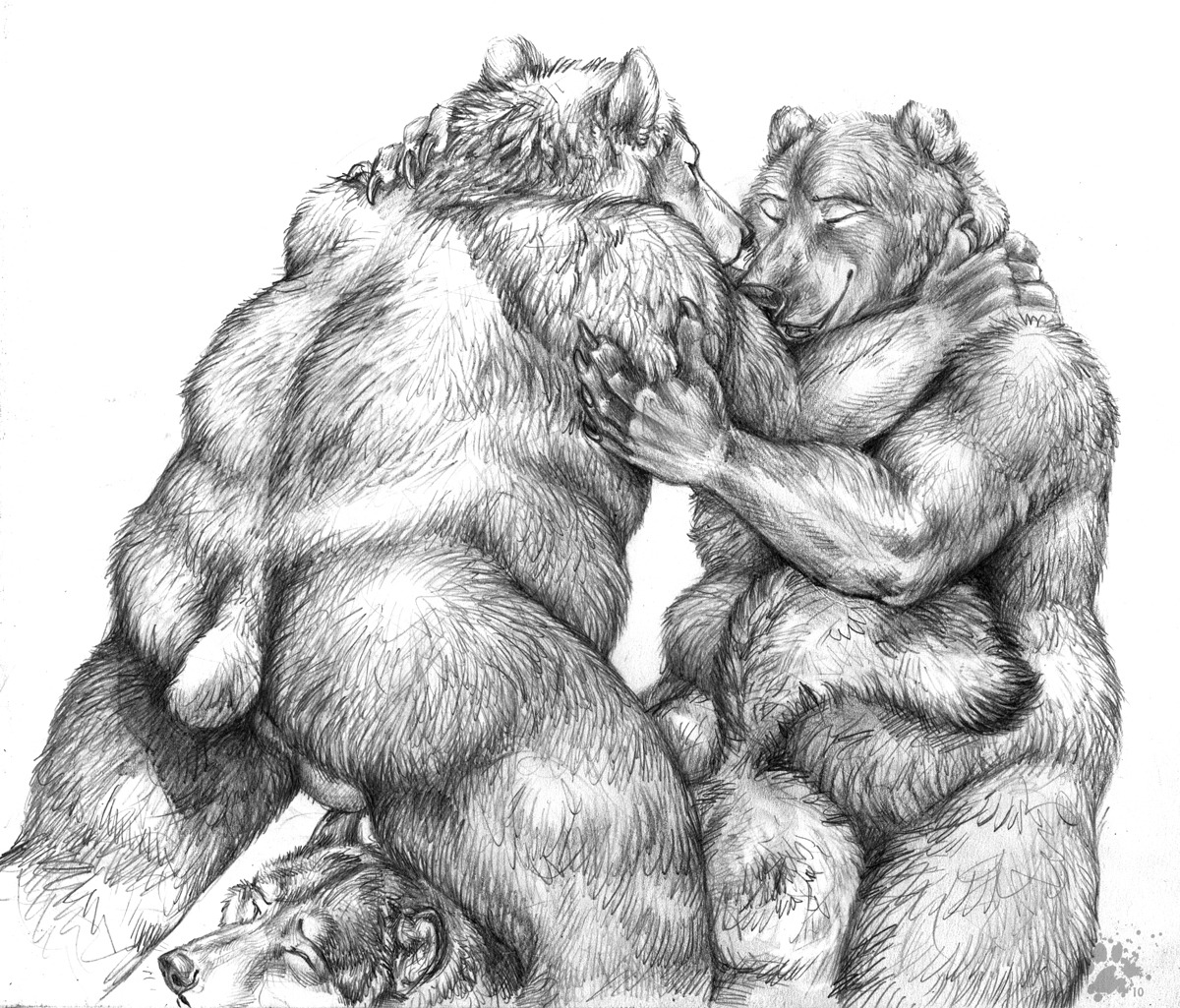 2010 5_fingers anal anal_penetration anthro anus balls balls_deep barely_visible_anus barely_visible_balls barely_visible_genitalia bear belly_tuft blotch canid canine canis domestic_dog e621 eyes_closed fingers genitals graphite_(artwork) greyscale group group_sex happy happy_sex head_tuft humanoid_hands inner_ear_fluff interspecies logo looking_pleasured male male/male male_penetrated male_penetrating male_penetrating_male mammal monochrome obese overweight penetration penile scratches_volume_4 sex side_view simple_background tail tail_tuft threesome traditional_media_(artwork) trio tuft white_background