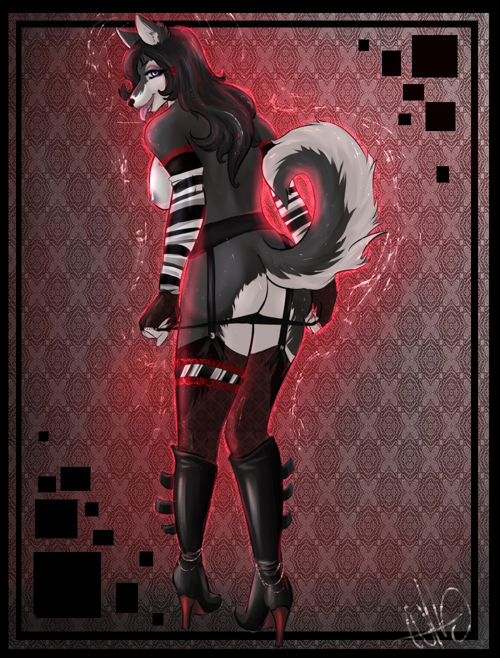 accessory alternative_fashion anthro biped black_border boots border breasts butt canid canine canis clothed clothing clothing_pull domestic_dog e621 female fingerless_gloves fishnet_clothing footwear garter garter_belt garter_straps genitals gloves goth hair handwear hi_res high_heeled_boots high_heels husky legwear lingerie long_hair looking_at_viewer mammal nipples nordic_sled_dog panties partially_clothed pose raised_tail shoes skimpy solo spitz standing stockings tail thigh_highs tongue topless underwear underwear_down underwear_pull vulva yashendwirh