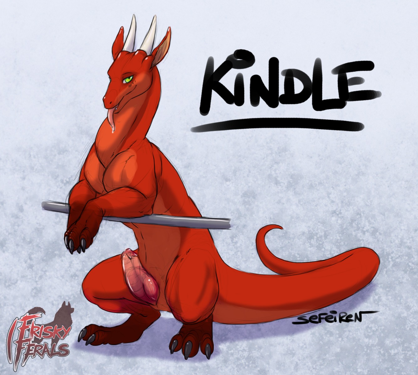 blush bodily_fluids claws conditional_dnp countershading crouching digitigrade dragon e621 erection european_mythology feet feral free_content frisky_ferals genitals green_eyes hi_res hindpaw horn kindle_(frisky_ferals) logo looking_at_viewer male mythological_creature mythological_scalie mythology nude paws penis presenting red_body red_scales saliva scales scalie sefeiren silhouette sketch solo spread_legs spreading tail tongue western_dragon white_horn wingless_dragon