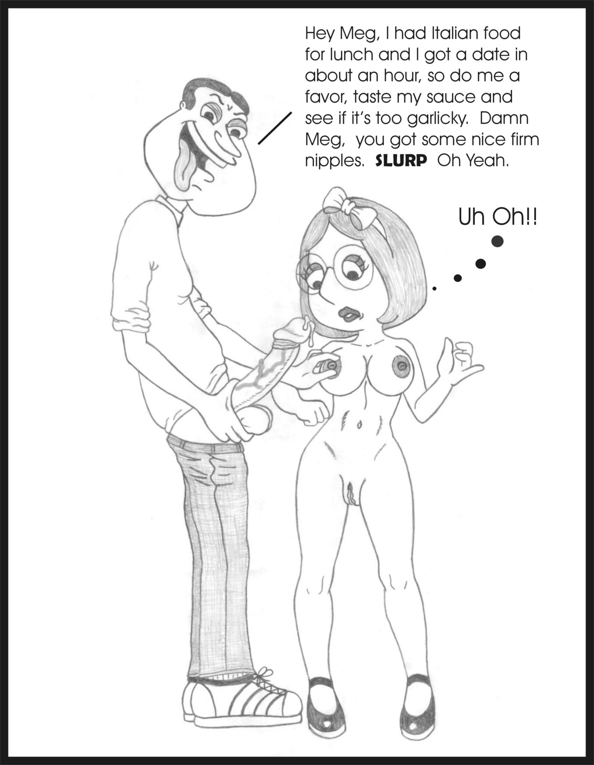 1boy 1girls 2d balls breasts english_text erect_penis erection family_guy female glenn_quagmire imminent_rape male meg_griffin monochrome nipples penis pussy rule34 sbb talking testicles text uncensored