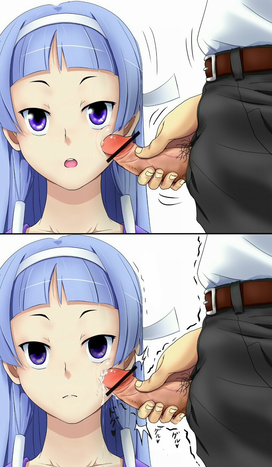 bad_aim bangs bar_censor belt blue_eyes blue_hair blunt_bangs bored censored cheek_poke clothing comic cum cum_on_cheek cum_string cum_trail ejaculation emotionless empty_eyes erection expressionless facejob facial female hair_tubes hairband high_resolution ignoring kannagi long_hair male male_pubic_hair nagi open_mouth penis penis_on_cheek penis_on_face penis_poking_cheek poking precum pubic_hair rule34 school_uniform serafuku tezunuri trembling unamused