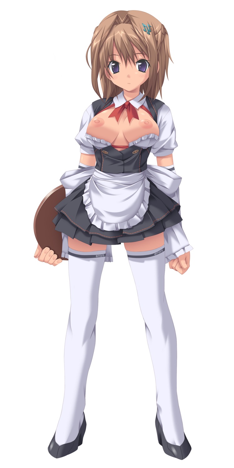 brown_hair errors female highres koku no_bra puffy_nipples purple_eyes rule34 thighhighs topless waitress zettai_ryouiki