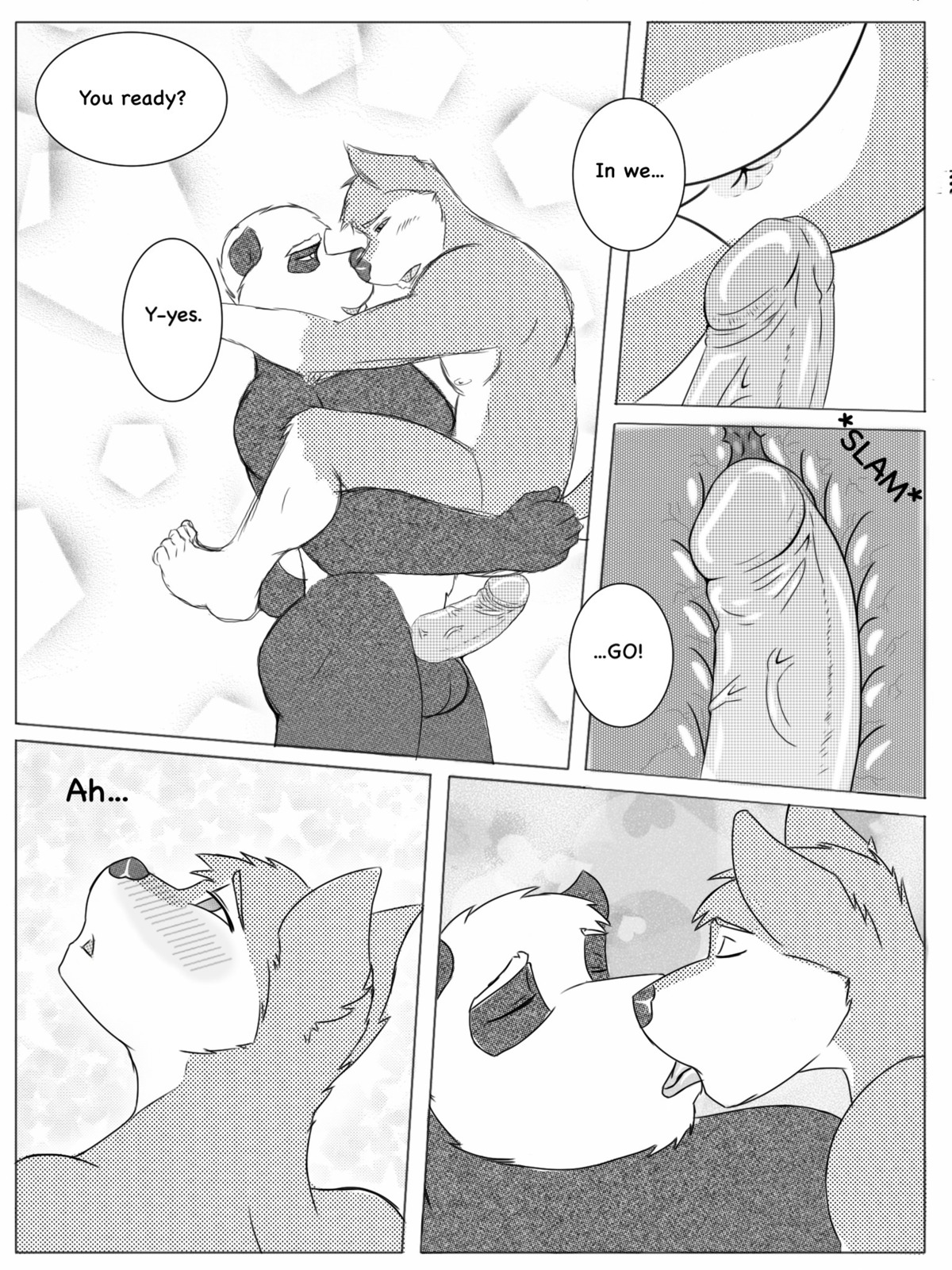 3:4 anal anal_penetration anthro bear big_muscles canid canine canis comic domestic_dog duo e621 flexing garret_(rain-yatsu) giant_panda greyscale hi_res husky kissing male mammal monochrome muscular muscular_male nordic_sled_dog pecs penetration rain-yatsu rainier_(rain-yatsu) seattle_fur spitz