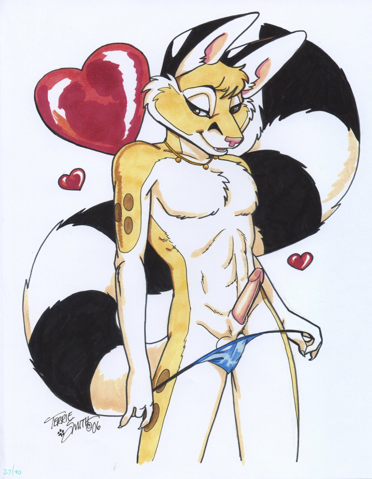 2006 absurd_res anthro balls bassariscus biped cacomistle chester_ringtail_magreer claws clothed clothing e621 erection front_view genitals half-closed_eyes havoc_inc. heart_symbol hi_res jewelry looking_at_viewer male mammal markings narrowed_eyes necklace panties panties_down partially_clothed penis pink_nose pinup pose procyonid ring_(marking) ringed_tail signature solo standing striped_markings striped_tail stripes tail tail_markings terrie_smith topless traditional_media_(artwork) underwear underwear_down undressing