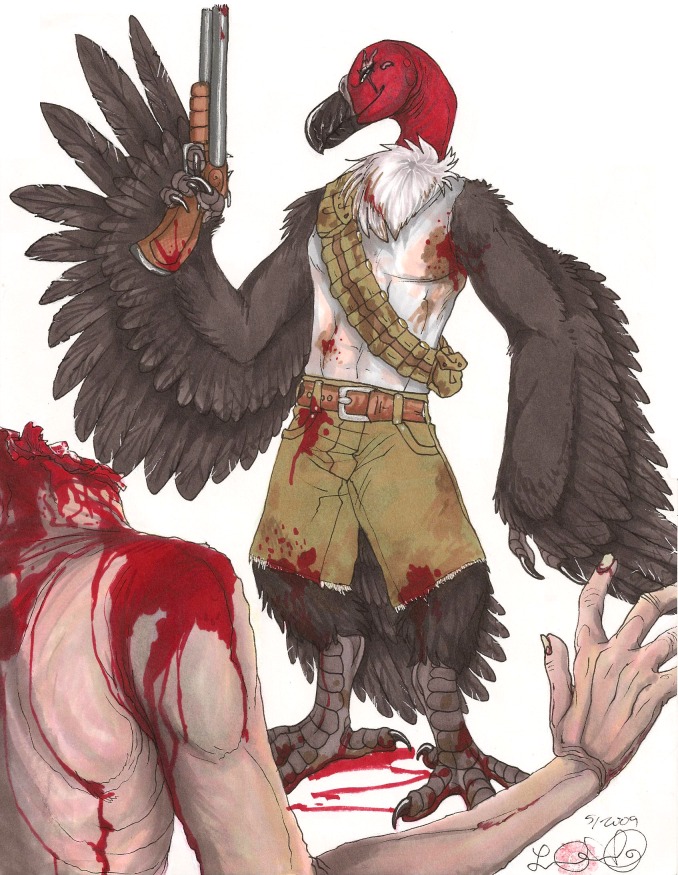 accipitrid accipitriform anthro avian beak bird duo e621 epicwang fallout feathers gore gun holding_gun holding_object holding_ranged_weapon holding_weapon human male mammal microsoft old_world_vulture ranged_weapon red-headed_vulture shotgun tail tail_feathers undead vulture weapon zombie