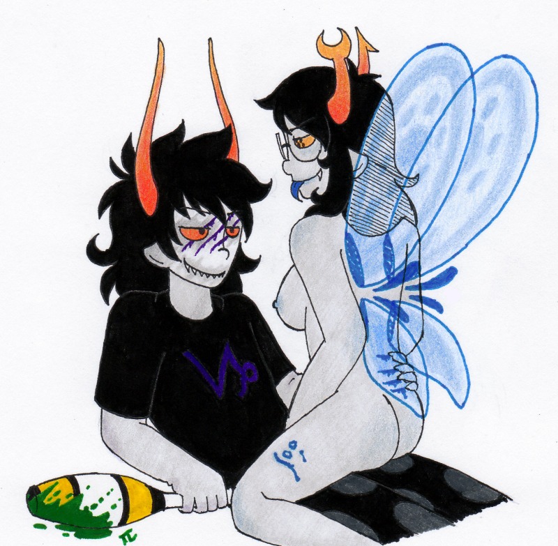 1boy 1girls ass black_hair blood blue_nipples breasts clothing club fangs female gamzee_makara glasses grey_skin homestuck horns long_hair male ms_paint_adventures naked nipples pandemoniumincarnate pointy_ears red_eyes rule34 scratch sharp_teeth sitting_on_lap source_request straight tongue tongue_out troll vriska_serket white_background wings yellow_eyes
