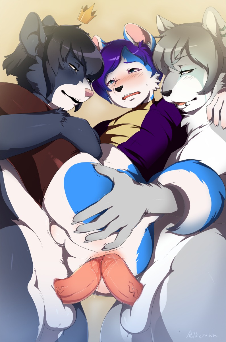 akaro_(lukiro) anal anal_penetration anthro anthro_on_anthro anthro_penetrated anthro_penetrating anthro_penetrating_anthro balls black_body black_fur blush bodily_fluids canid canine clothed clothing crown digital_media_(artwork) dominant dominant_male double_anal double_penetration e621 erection facial_piercing femboy fur genital_fluids genitals grey_body grey_fur group group_sex headgear hi_res lip_piercing looking_pleasured lube lukiro male male/male male_on_bottom male_on_top male_penetrated male_penetrating male_penetrating_male mammal milkcrown multiple_positions nude on_bottom on_top partially_clothed penetration penile penile_penetration penis penis_in_ass piercing precum reverse_stand_and_carry_position sex stand_and_carry_position standing standing_sex threesome trio vein veiny_penis white_body white_fur
