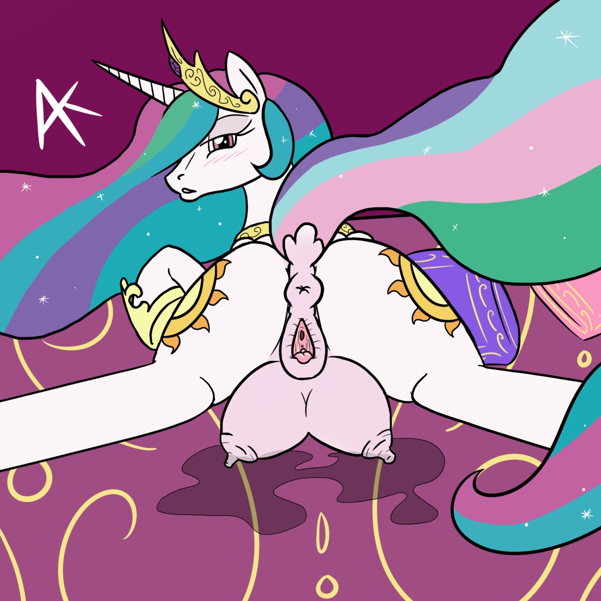 1:1 animal_genitalia animal_vulva anus appelknekten areola bed bedroom_eyes blush bodily_fluids clitoral_winking clitoris crown cutie_mark dock_(anatomy) e621 equid equine equine_genitalia equine_vulva erect_nipples feathered_wings feathers female feral friendship_is_magic fur furniture gaping gaping_vagina genitals hair half-closed_eyes hasbro headgear hi_res hooves horn inside lactating long_hair looking_at_viewer lying mammal milk multicolored_hair my_little_pony mythological_creature mythological_equine mythology narrowed_eyes nipples on_bed pillow pink_eyes presenting princess_celestia_(mlp) raised_tail seductive solo sparkles spread_legs spread_vulva spreading tail teats vulva white_body white_feathers white_fur winged_unicorn wings