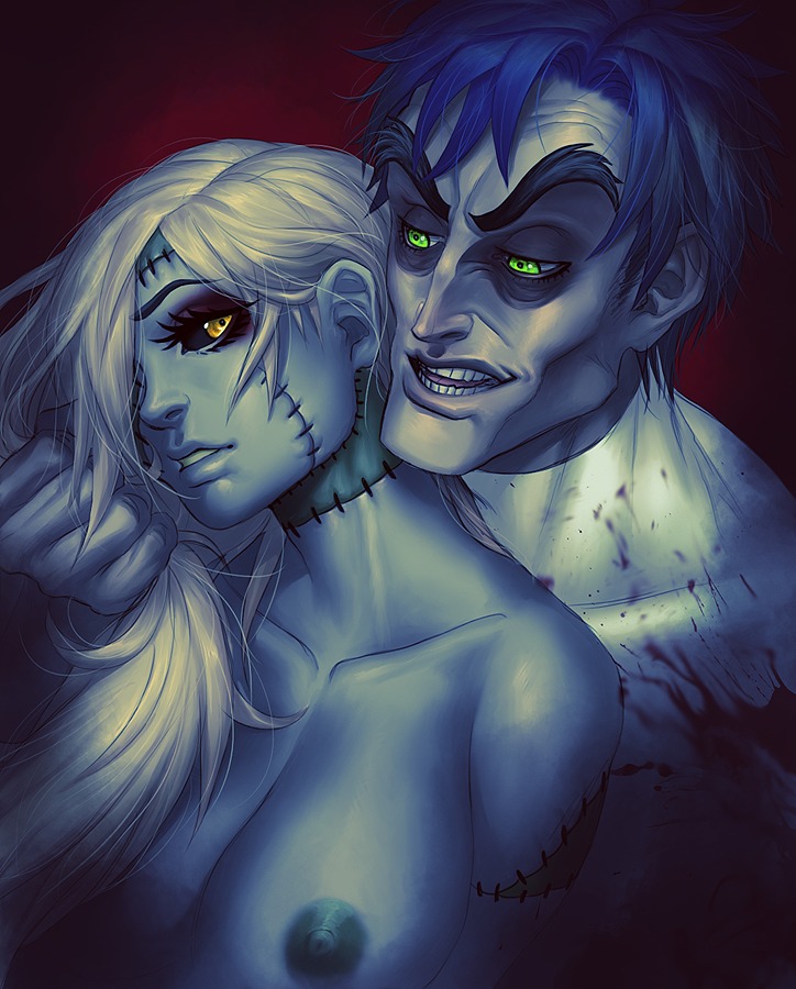 blood blue_hair bodily_fluids breasts clothing duo e621 female green_eyes hair human human_on_humanoid humanoid interspecies long_hair male mammal monster nipples not_furry nude pirate-cashoo scientist short_hair simple_background teeth undead white_hair yellow_eyes zombie