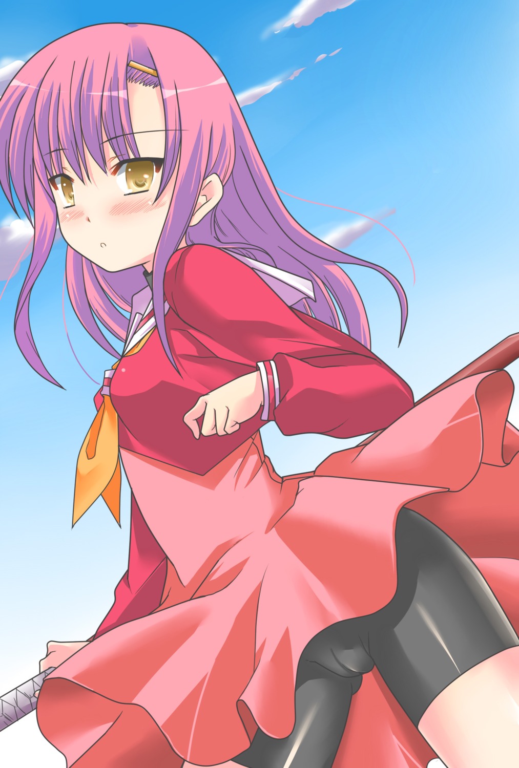 bike_shorts blush cameltoe female geminiboar hayate_no_gotoku! highres katsura_hinagiku pink_hair purple_hair pussy rule34 school_uniform solo wind_lift yellow_eyes