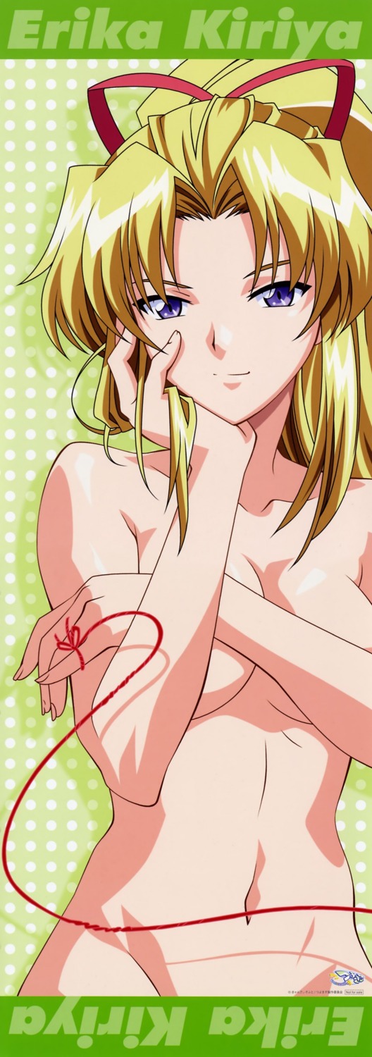 1girls agata_yoshimi blonde_hair breasts character_name covering_breasts covering_privates female groin hair_ribbon highres kiriya_erika large_breasts logo looking_at_viewer nude official_art out-of-frame_censoring photoshop_(medium) ponytail red_ribbon ribbon rule34 smile solo tsuyokiss
