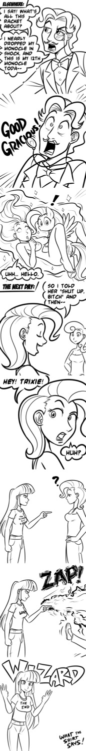 absurd_res alternate_species balls bestiality black_and_white bonbon_(mlp) breasts caught caught_in_the_act classy clothing comic cutie_mark dialogue digital_drawing_(artwork) digital_media_(artwork) e621 english_text equid equine fancypants_(mlp) feathered_wings feathers female female_penetrated feral fluttershy_(mlp) friendship_is_magic from_front_position fur genitals group gynomorph gynomorph/female gynomorph_penetrating hair hasbro hi_res hooves horse human human_on_feral humanized intersex intersex/female intersex_penetrating interspecies long_image lying magic mammal megasweet missionary_position monochrome my_little_pony mythological_creature mythological_equine mythology nipples nude on_back pegasus penetration penile penile_penetration penis_in_vagina pony profanity sex shocked spread_legs spreading surprised tail tall_image terribly_british text thick_thighs trixie_(mlp) twilight_sparkle_(mlp) unexpected vaginal vaginal_penetration walk-in wide_hips wings