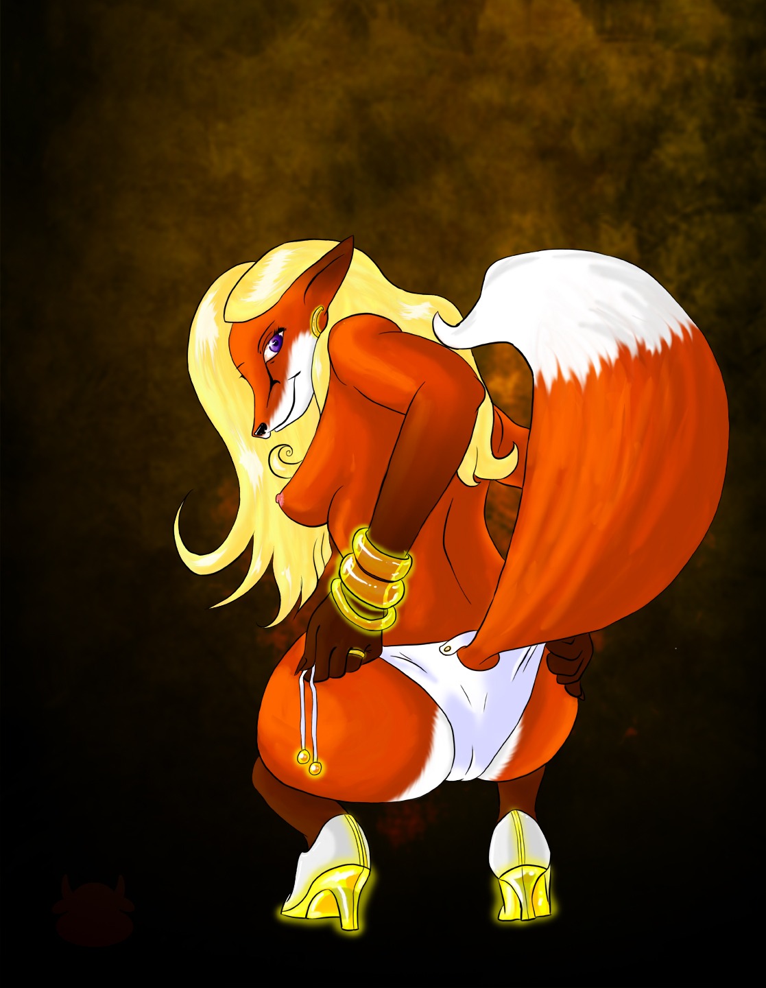 anthro biped breasts camel_toe canid canine clothing e621 female footwear fox glowing hi_res high_heels jewelry mammal muq nipples panties pinup pose shoes solo tail underwear