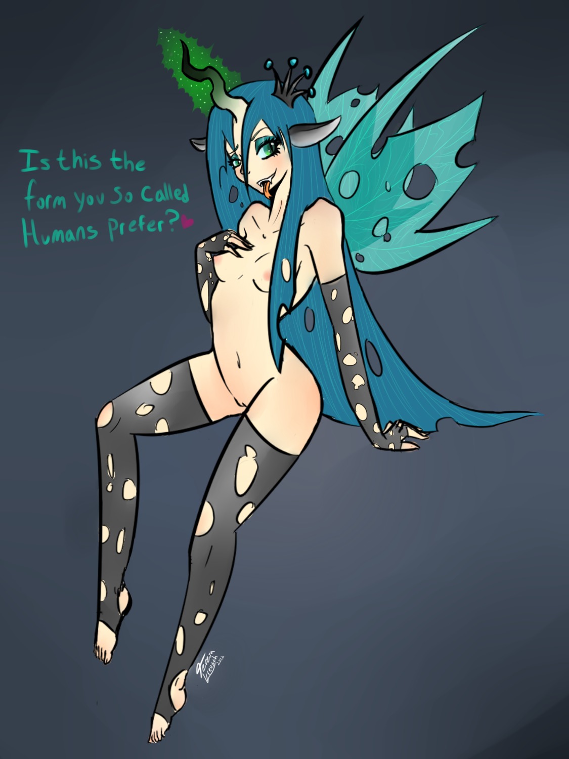 blue_hair blush breasts english_text fangs female friendship_is_magic gloves green_eyes hair horn human humanoid my_little_pony pussy queen_chrysalis_(mlp) rule34 smooth_skin teaponies text thighhighs tongue torn_clothes wings